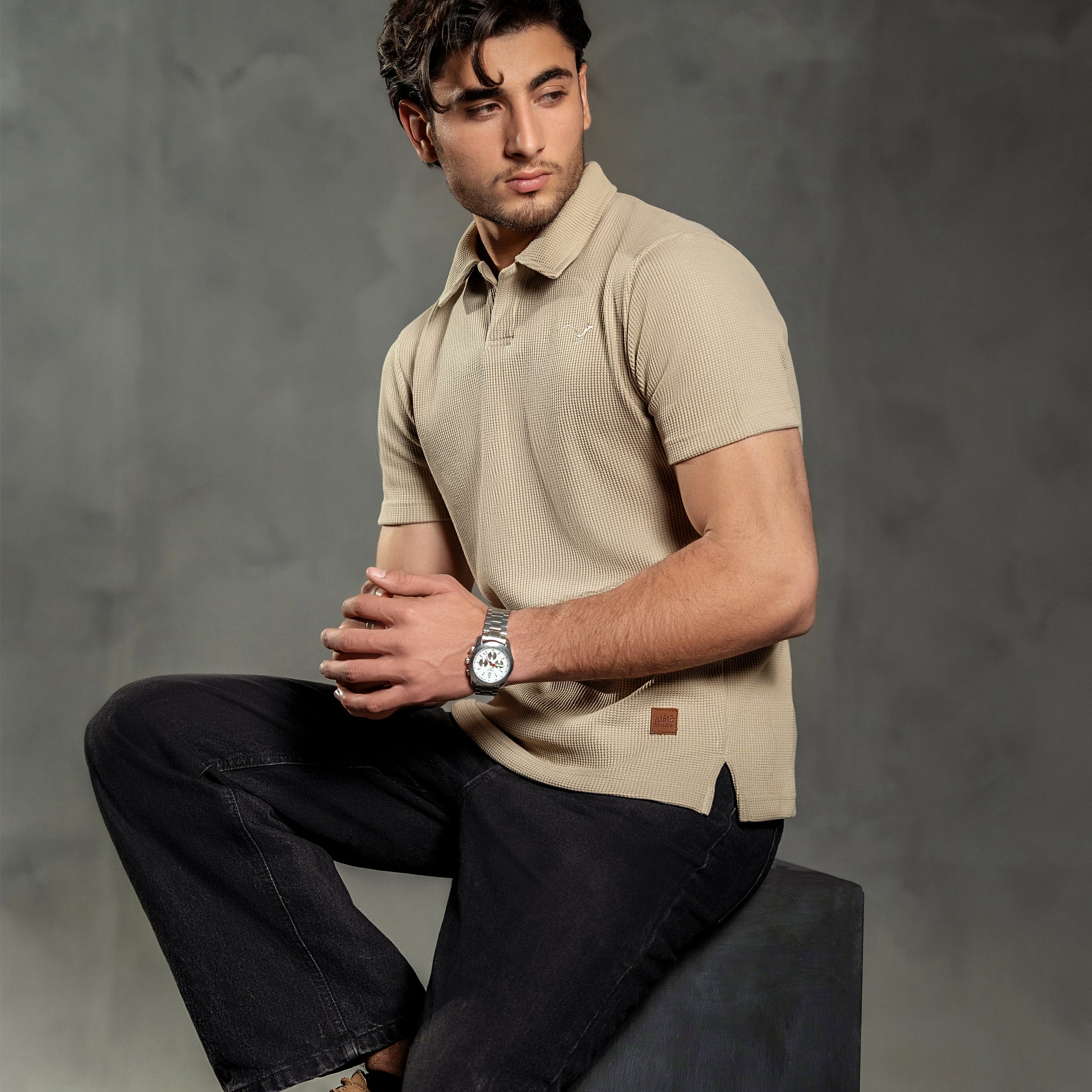 BEIGE WAFFLE KNIT POLO