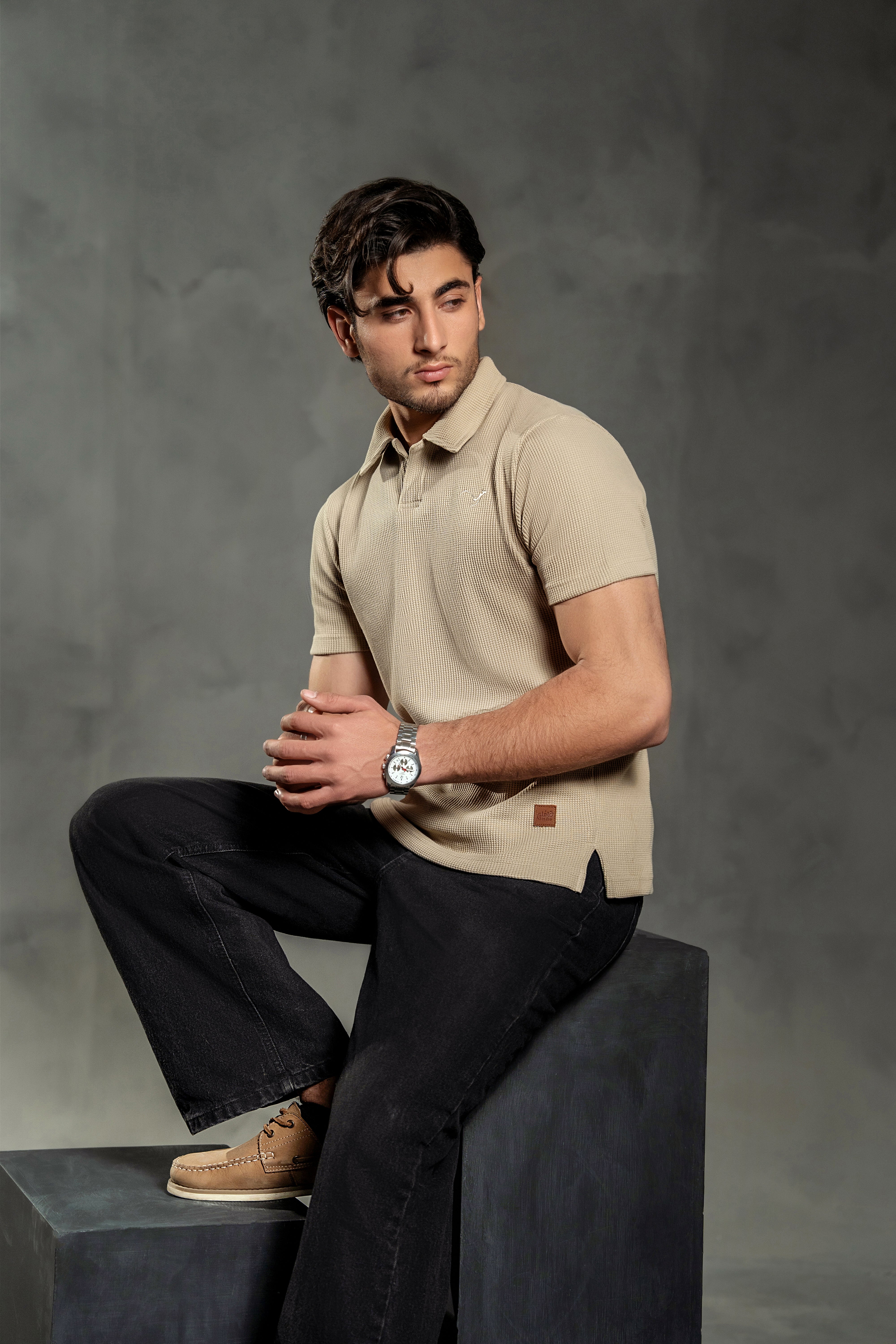 BEIGE WAFFLE KNIT POLO