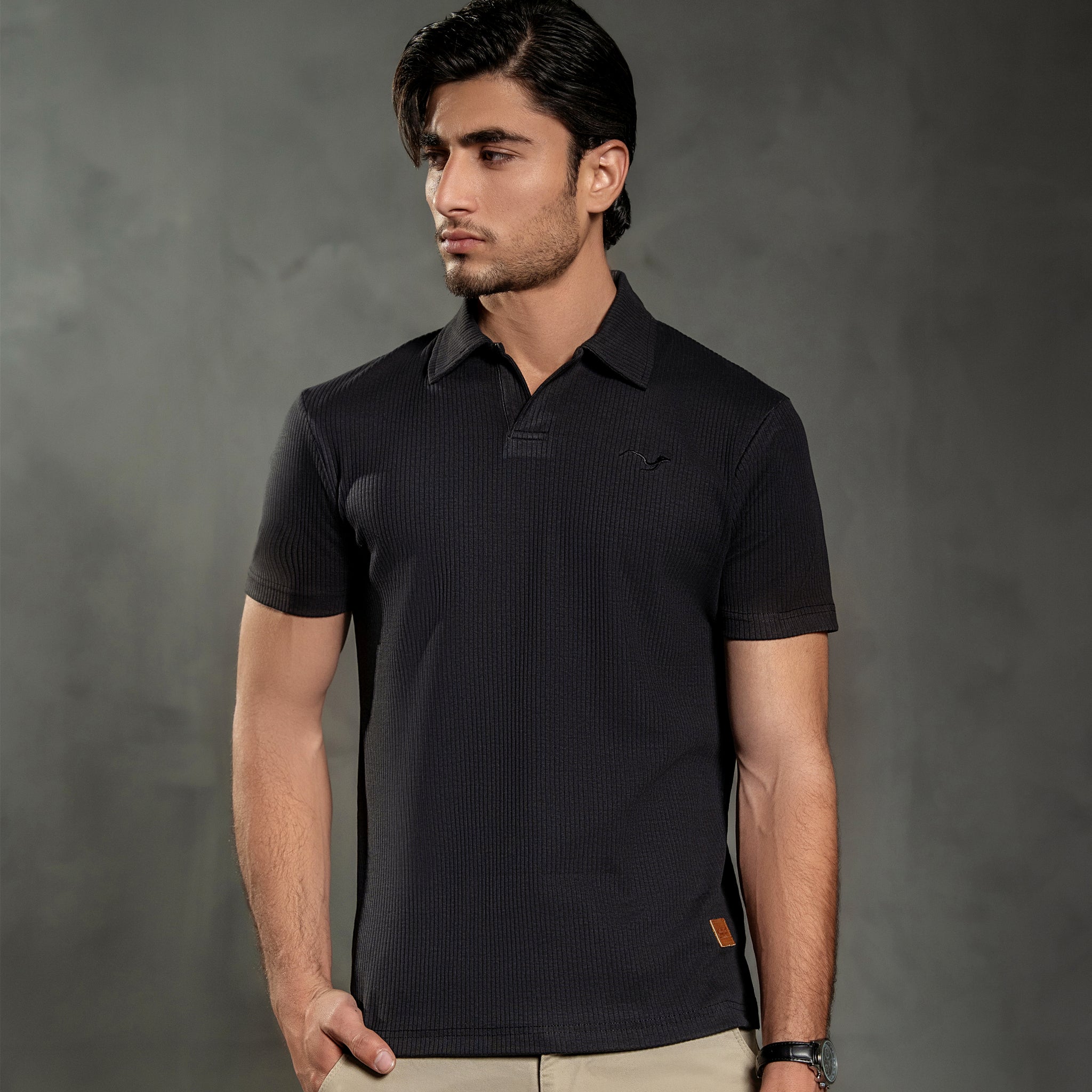 CHARCOAL BLACK NEEDLE DROP POLO