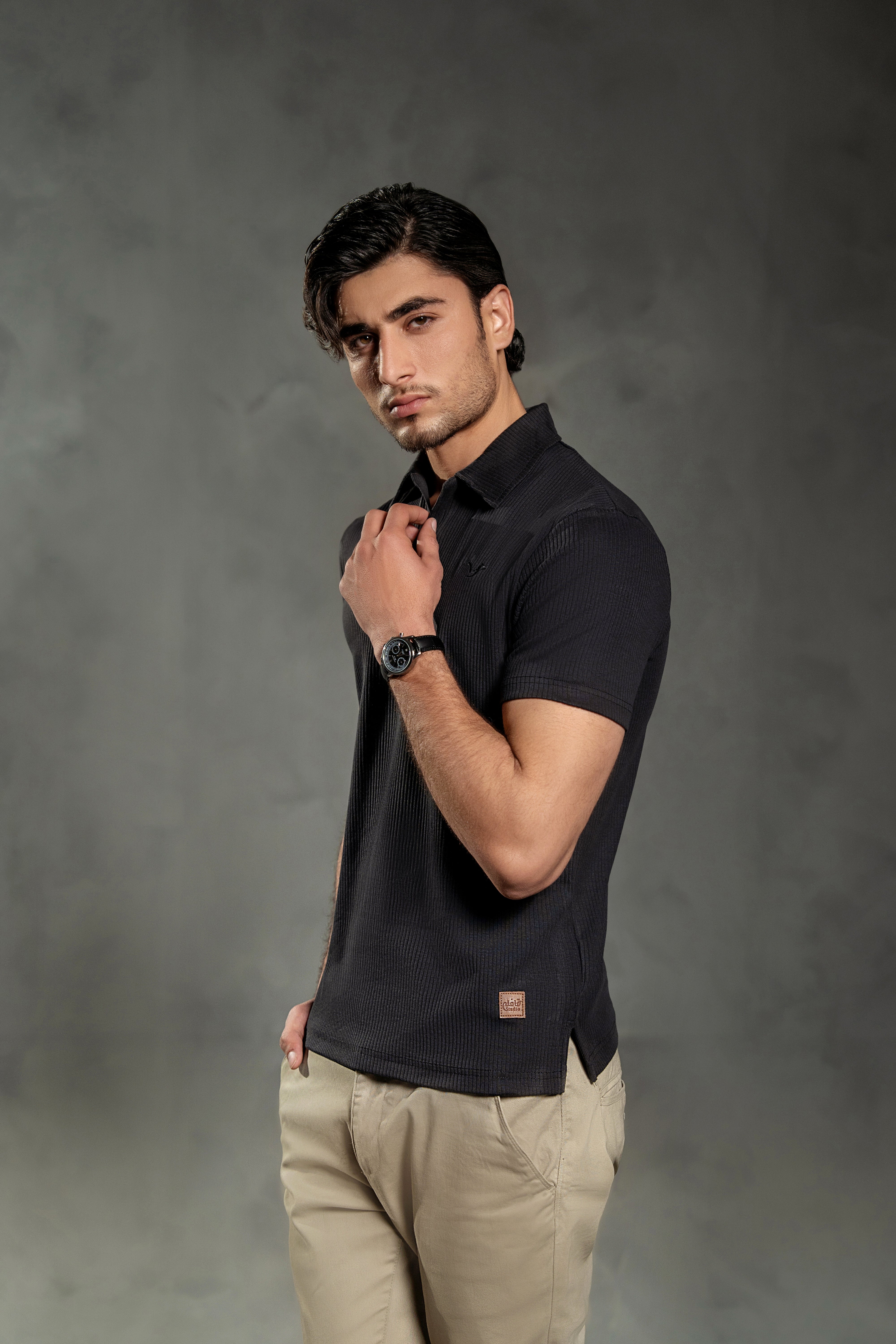 CHARCOAL BLACK NEEDLE DROP POLO