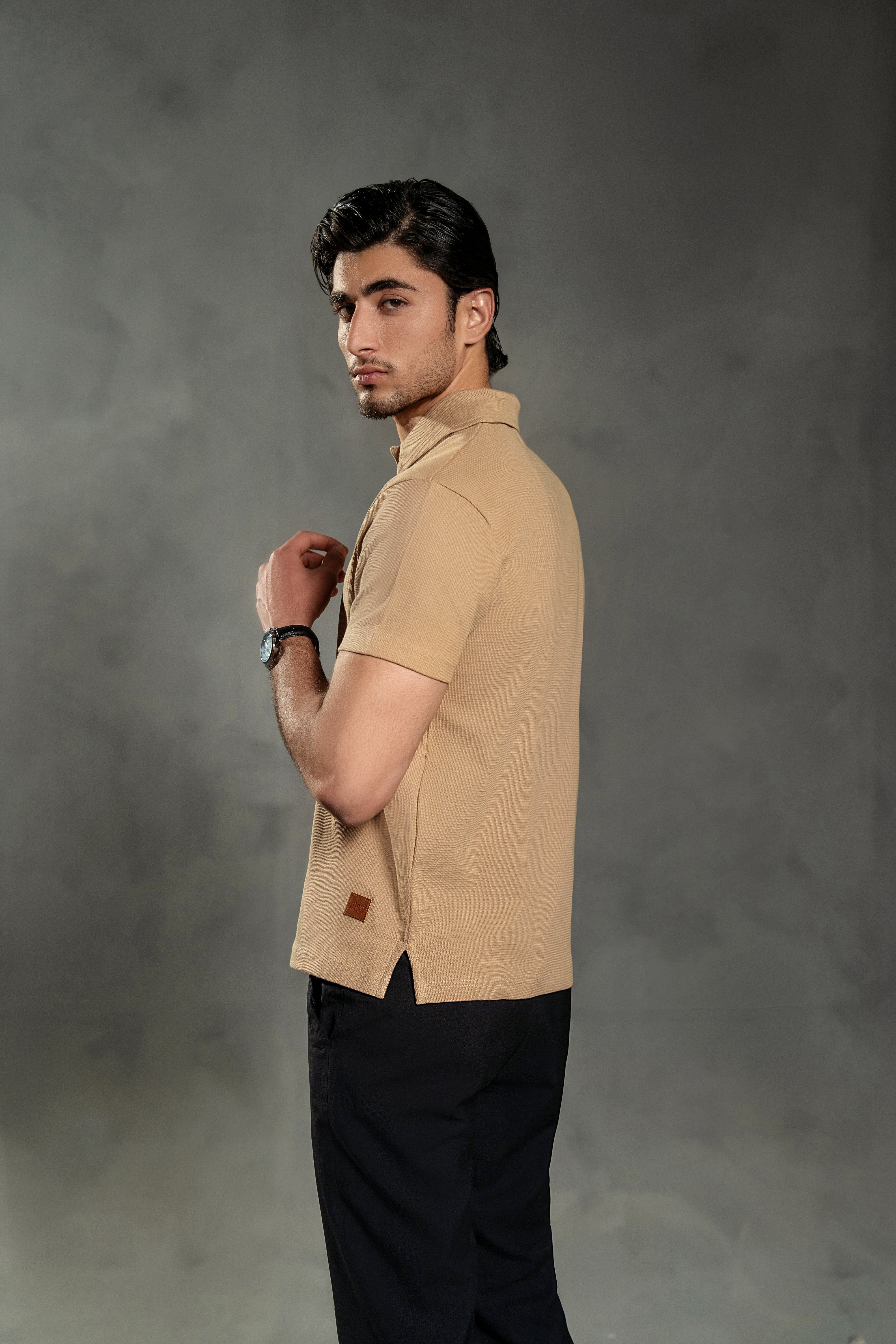 KHAKI WAFFLE KNIT POLO