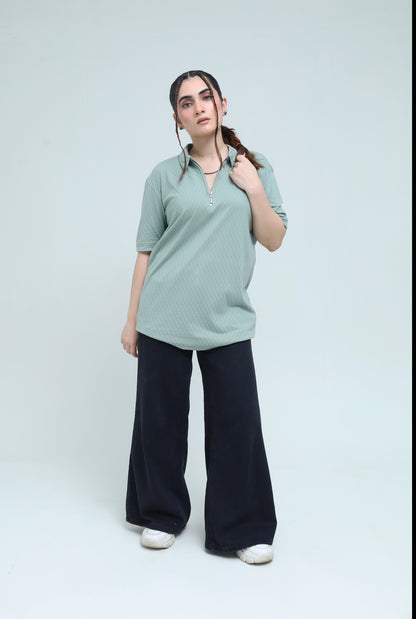 Light Green Zipper Polo - Qafilastudio