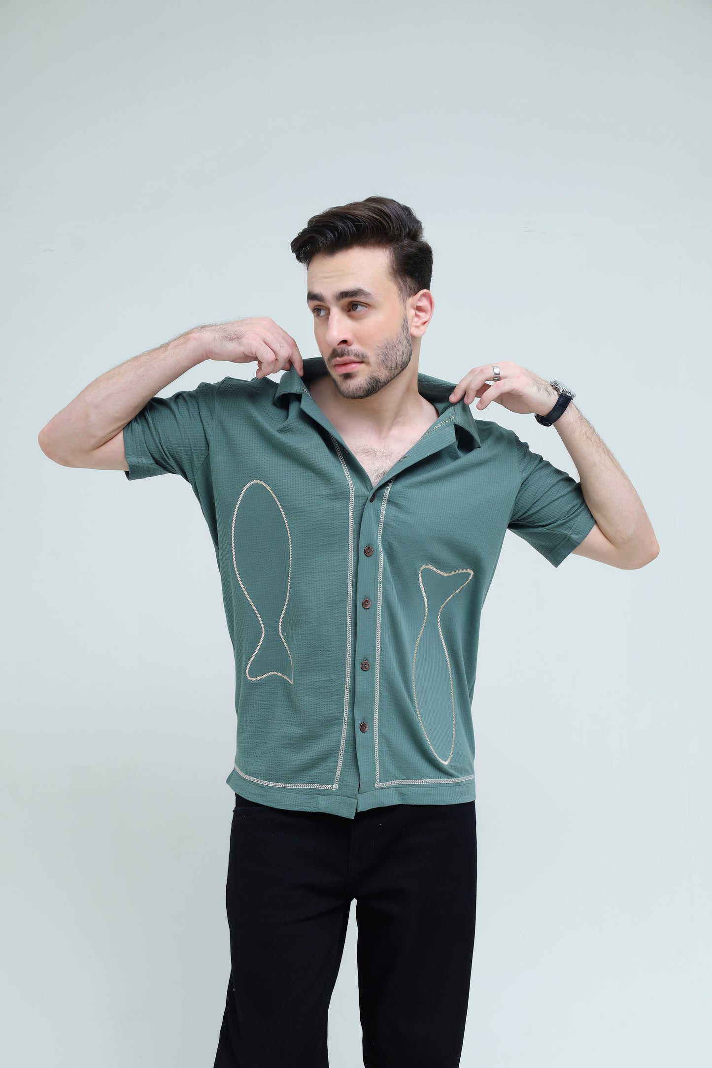 The Jacquard Fish Embroidered Shirt - Qafilastudio