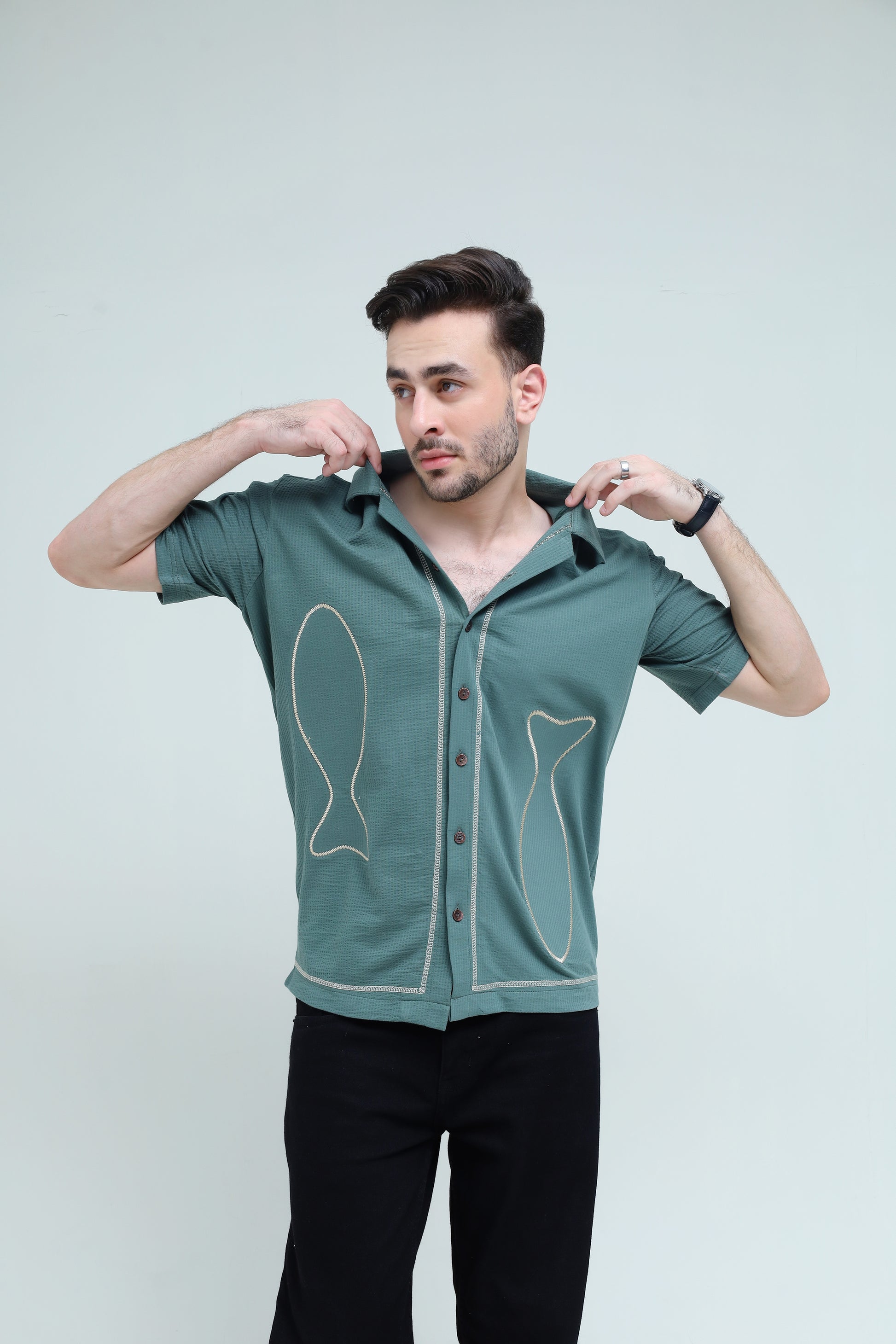 The Jacquard Fish Embroidered Shirt - Qafilastudio